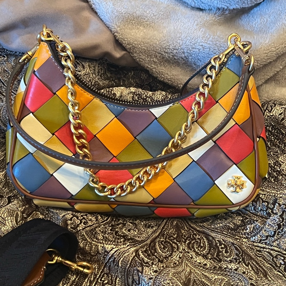 Red and Yellow Patchwork Shoulder Bag with Gold Chain